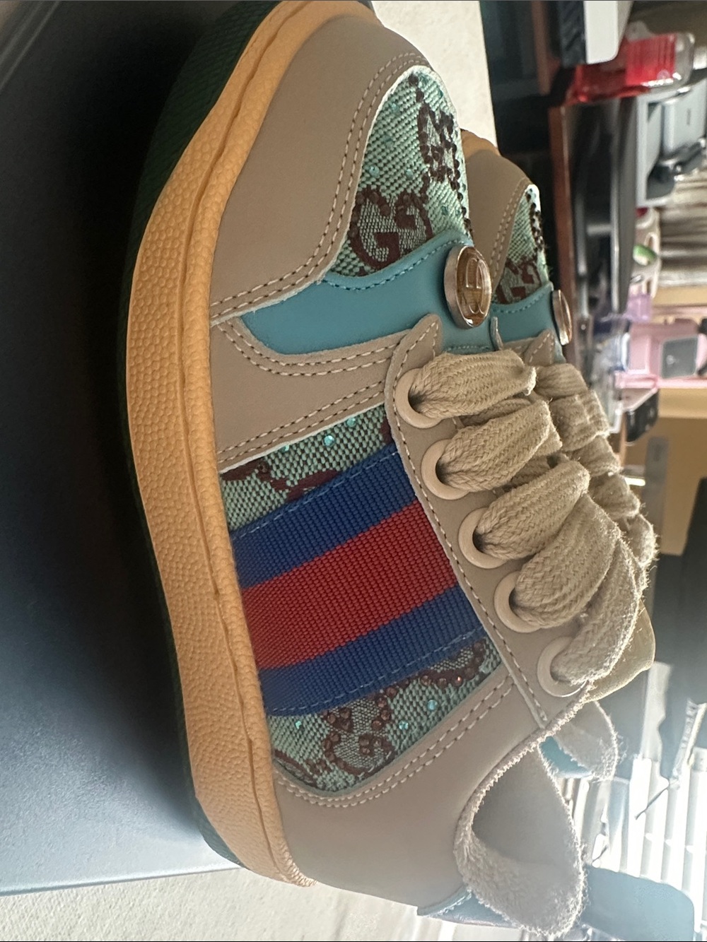 Gucci Beige, Teal & Red-Blue Stripe Kids Sneakers